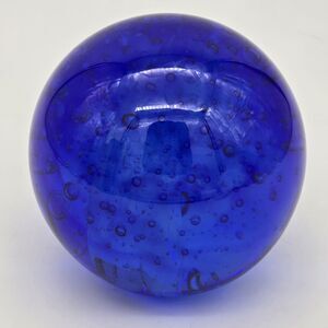 Vintage Cobalt Blue Art Glass 4" Globe Paperweight Controlled Bubbles